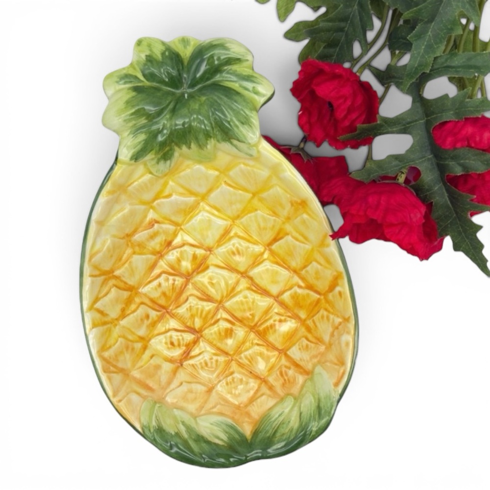 Italian Majolica Art Pottery Pineapple Bowl Dish Hand Painted Vintage MCM Italy